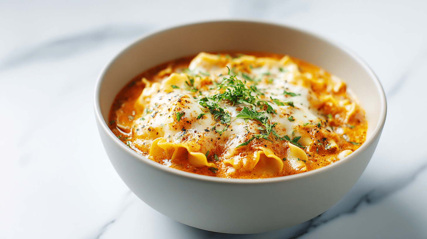 Creamy lasagna soup served in a modern white bowl with melted cheese.