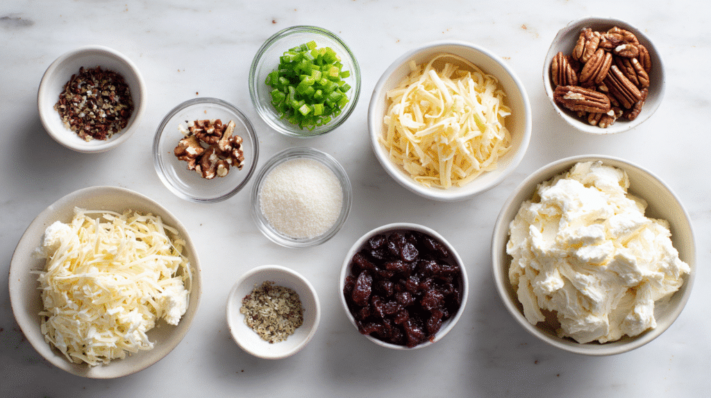 Flat-lay of cream cheese, cheddar, cranberries, pecans, and seasonings arranged neatly on a bright white countertop.