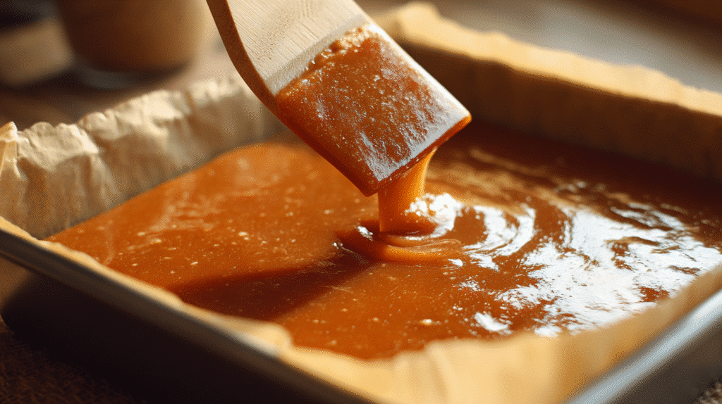 Spreading caramel over butter crust for caramel butter bars