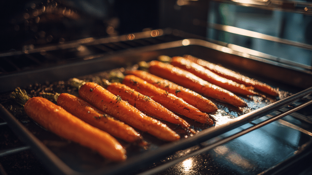 Carrots roasting on a baking sheet.