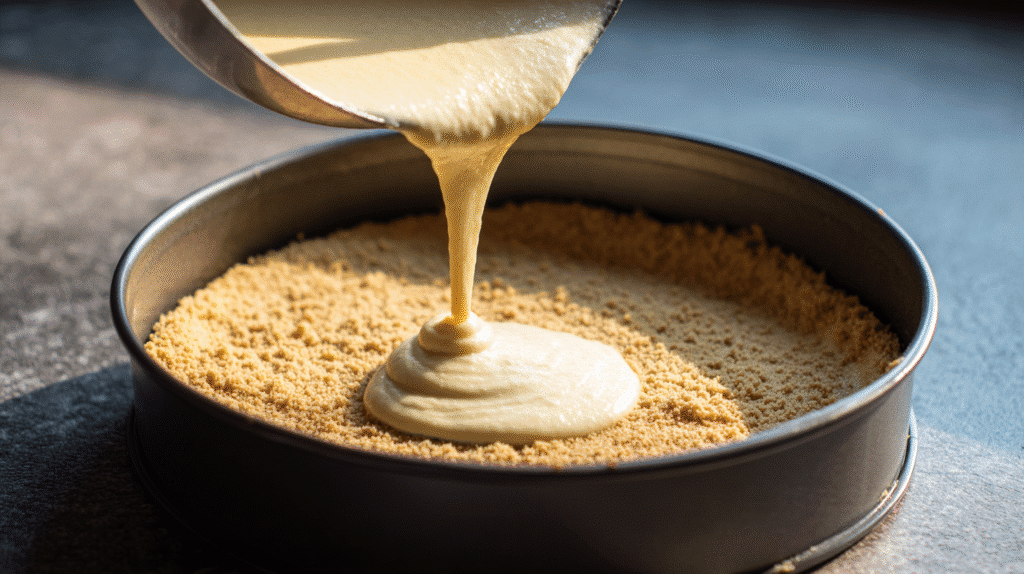 Pouring cheesecake batter into crust