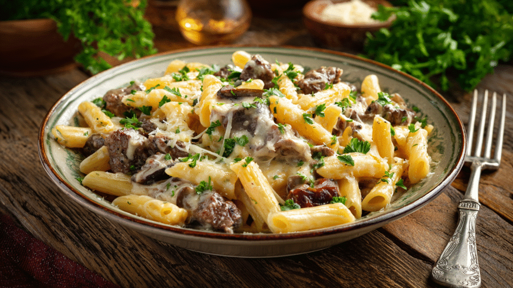 A bowl of creamy cheesy beef pasta garnished with parsley.