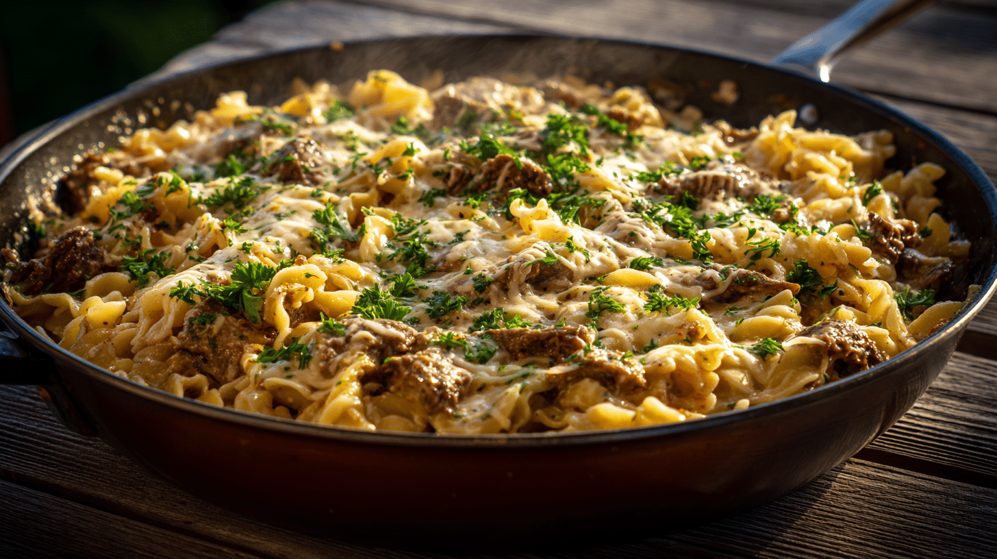 Creamy cheesy beef pasta in garlic butter served in a skillet.