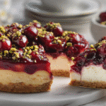 Cherry pistachio cheesecake with creamy filling and cherry topping