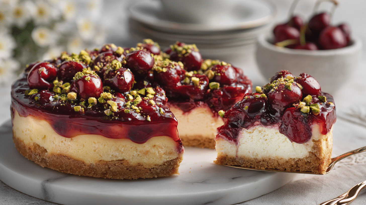 Cherry pistachio cheesecake with creamy filling and cherry topping