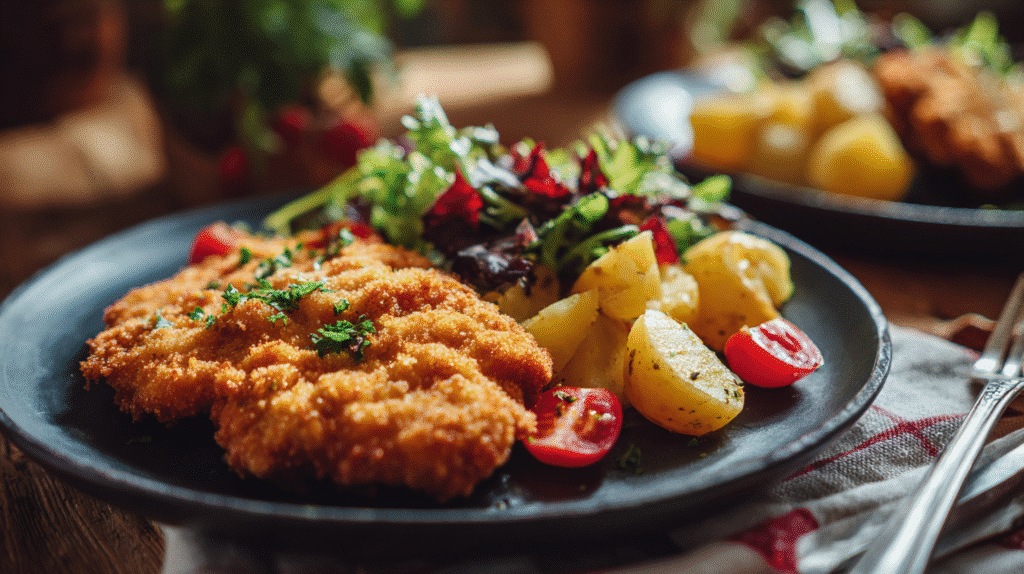 Chicken schnitzel served for dinner