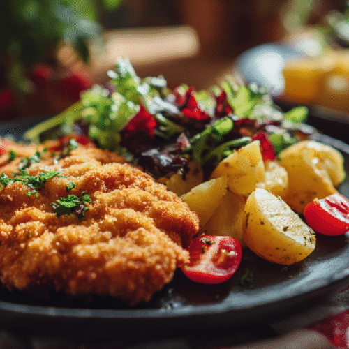 Crispy chicken schnitzel with golden crust and lemon wedges