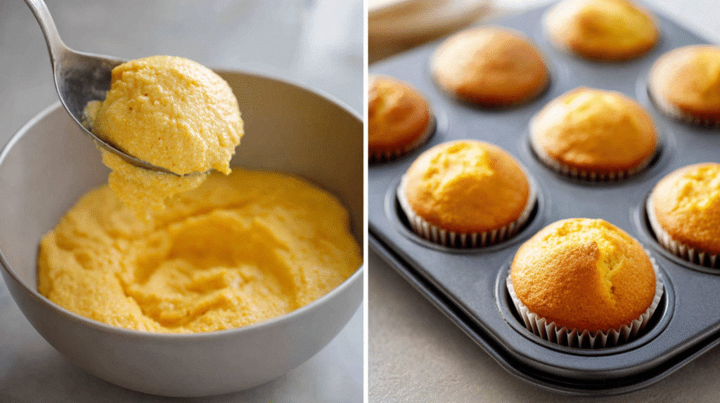 Steps for making cornbread muffins from mixing to baking