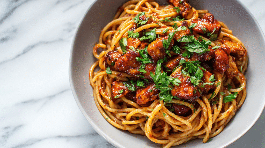 Creamy chicken pasta plated in a sleek white dish.