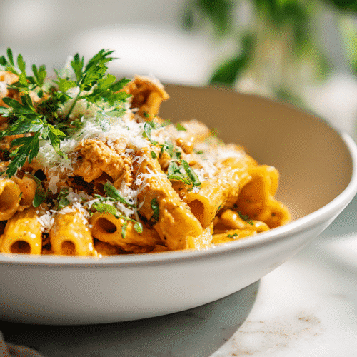 Cowboy butter chicken pasta served in a modern white bowl.