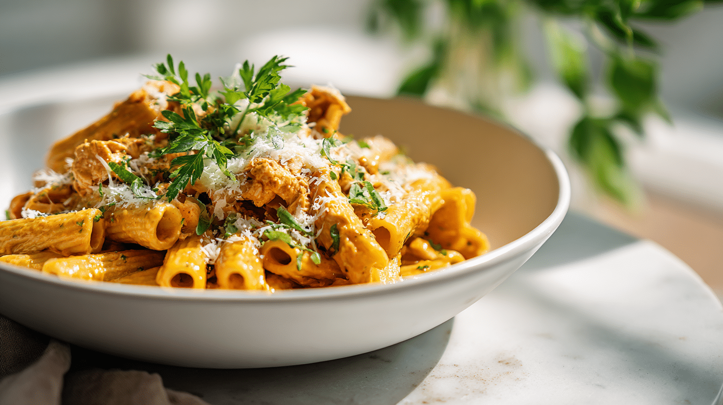 Cowboy butter chicken pasta served in a modern white bowl.