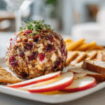 Cranberry pecan cheese ball coated in chopped cranberries and pecans on a white plate with crackers in a modern kitchen setting.