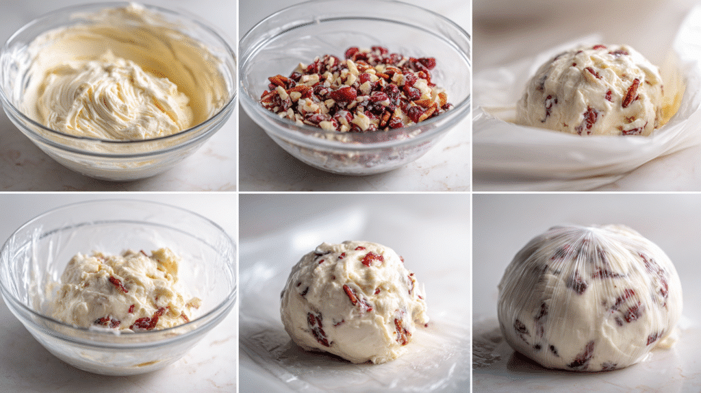 Step-by-step process showing mixing cream cheese, adding cranberries and pecans, shaping the cheese ball, and rolling it in coating.