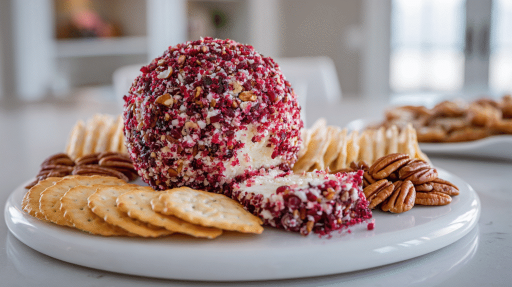 Cranberry pecan cheese ball served on a plate with crackers and fresh herbs on a modern dining table.