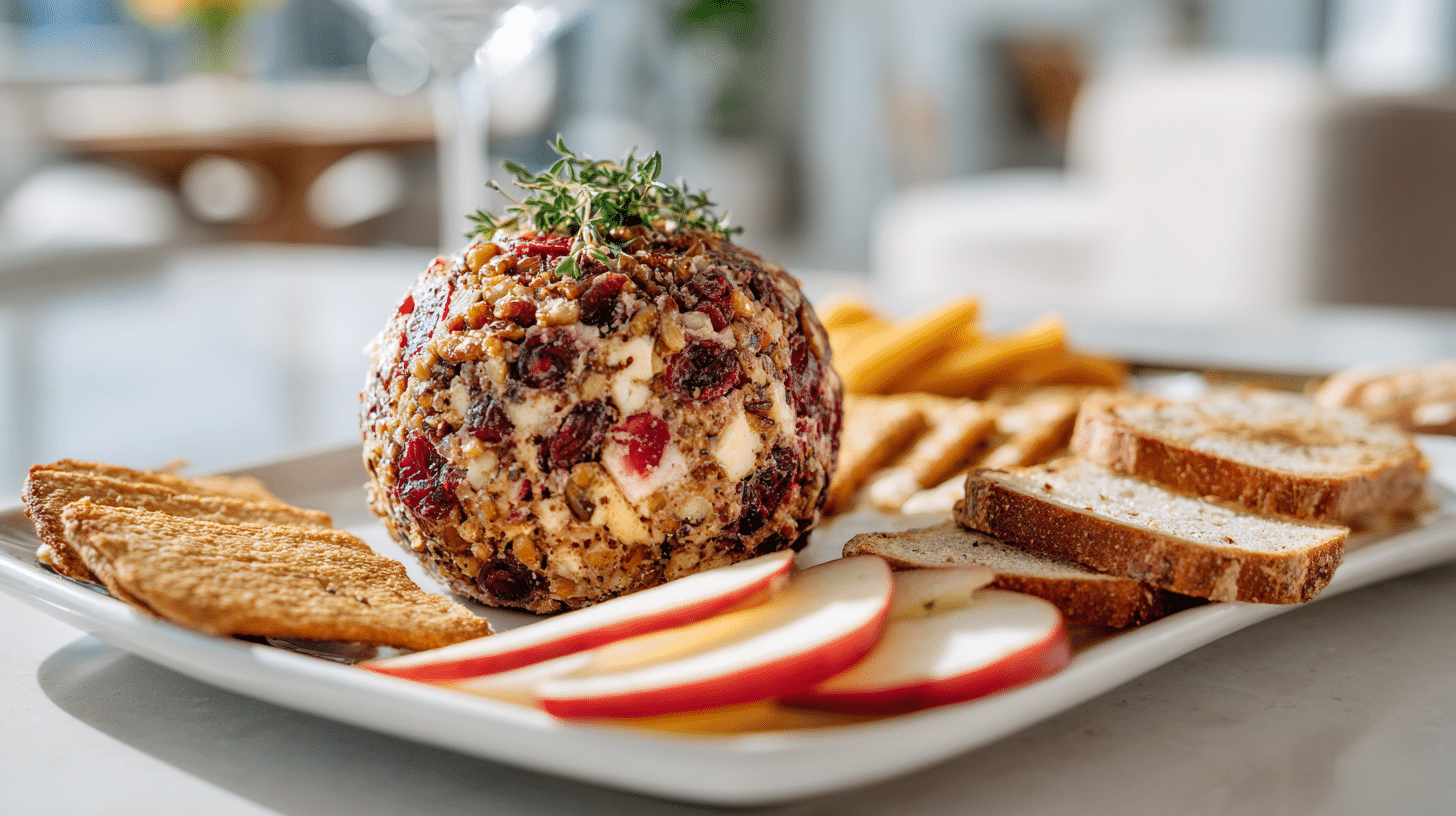 Cranberry pecan cheese ball coated in chopped cranberries and pecans on a white plate with crackers in a modern kitchen setting.