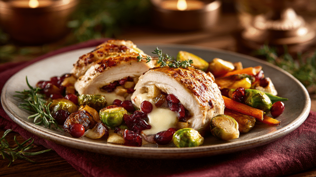 Cranberry brie stuffed chicken served for dinner