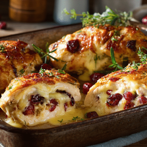 Cranberry brie stuffed chicken baked until golden