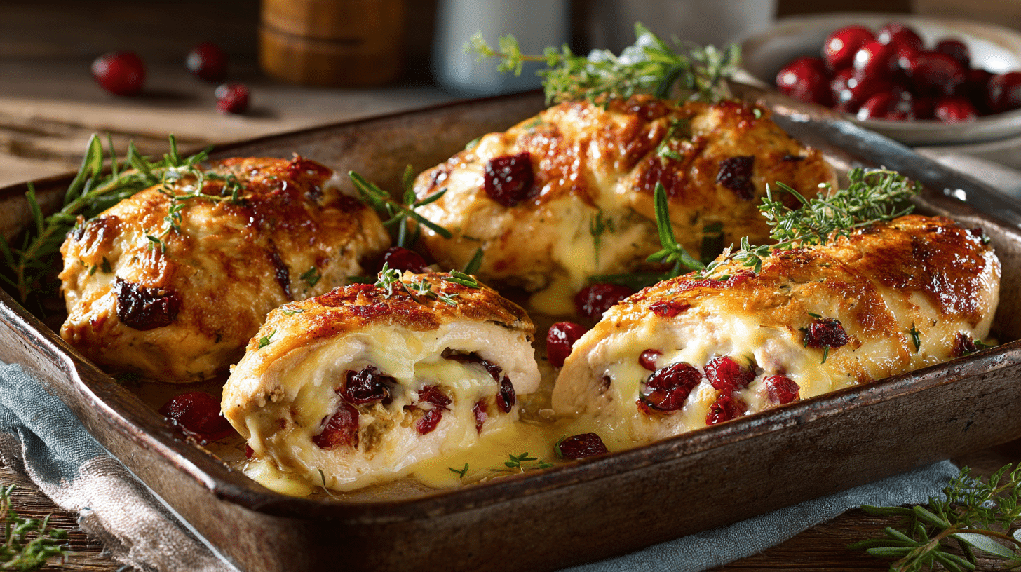 Cranberry brie stuffed chicken baked until golden