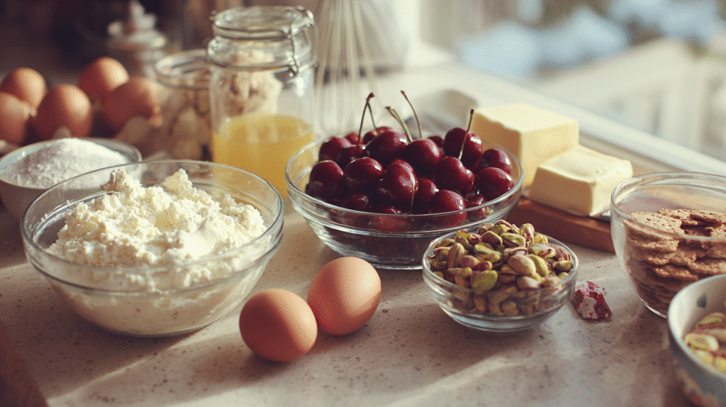 Ingredients for cherry pistachio cheesecake
