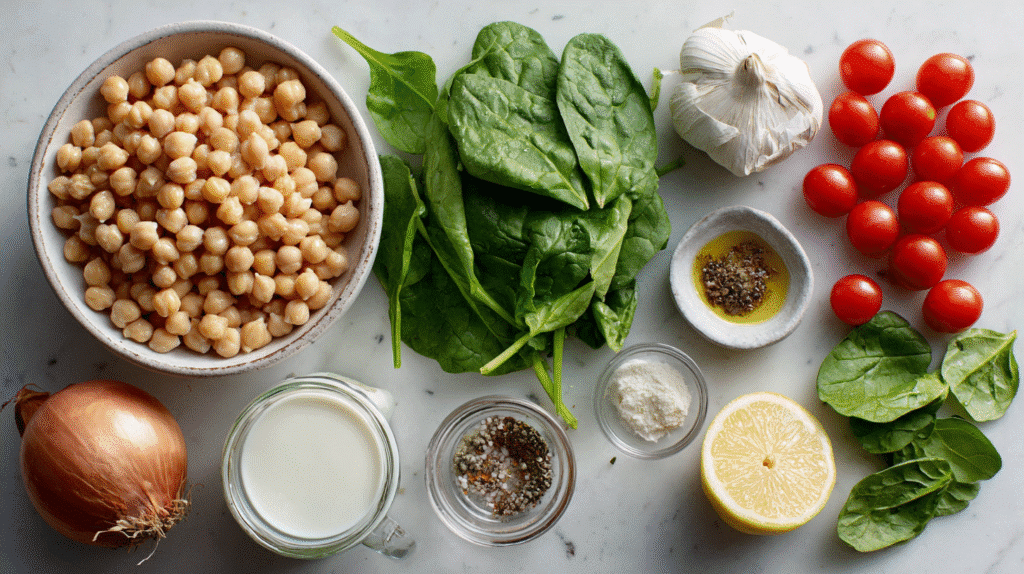 Ingredients for creamy chickpea spinach skillet displayed on a white surface.