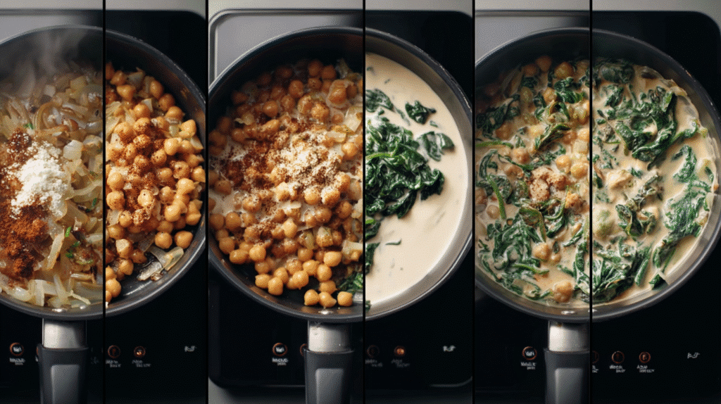 Step-by-step cooking of chickpea spinach skillet, from sautéing to simmering.