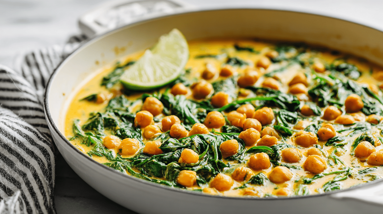 Creamy chickpea spinach skillet in a white pan with fresh herbs on top.