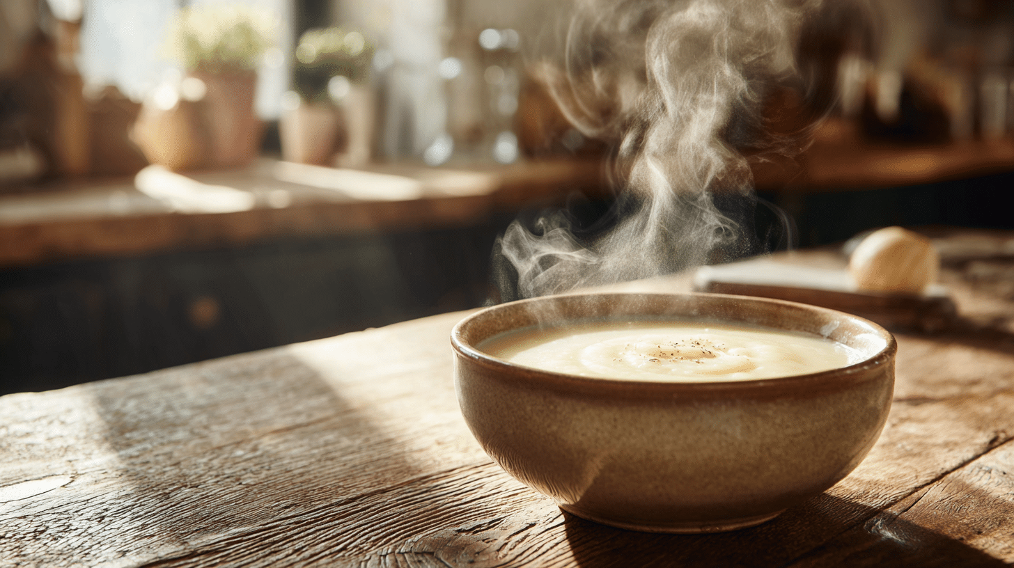 Creamy potato soup served warm in a bowl