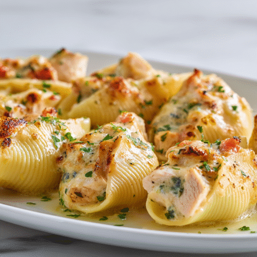 Creamy seafood stuffed shells on chicken