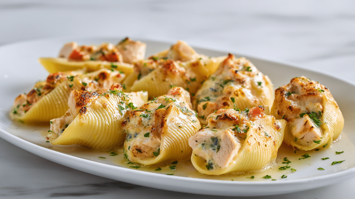 Creamy seafood stuffed shells on chicken