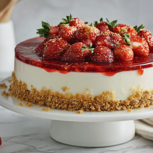 Creamy strawberry crunch cheesecake