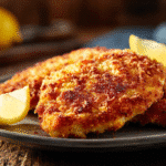 Crispy chicken schnitzel with golden crust and lemon wedges