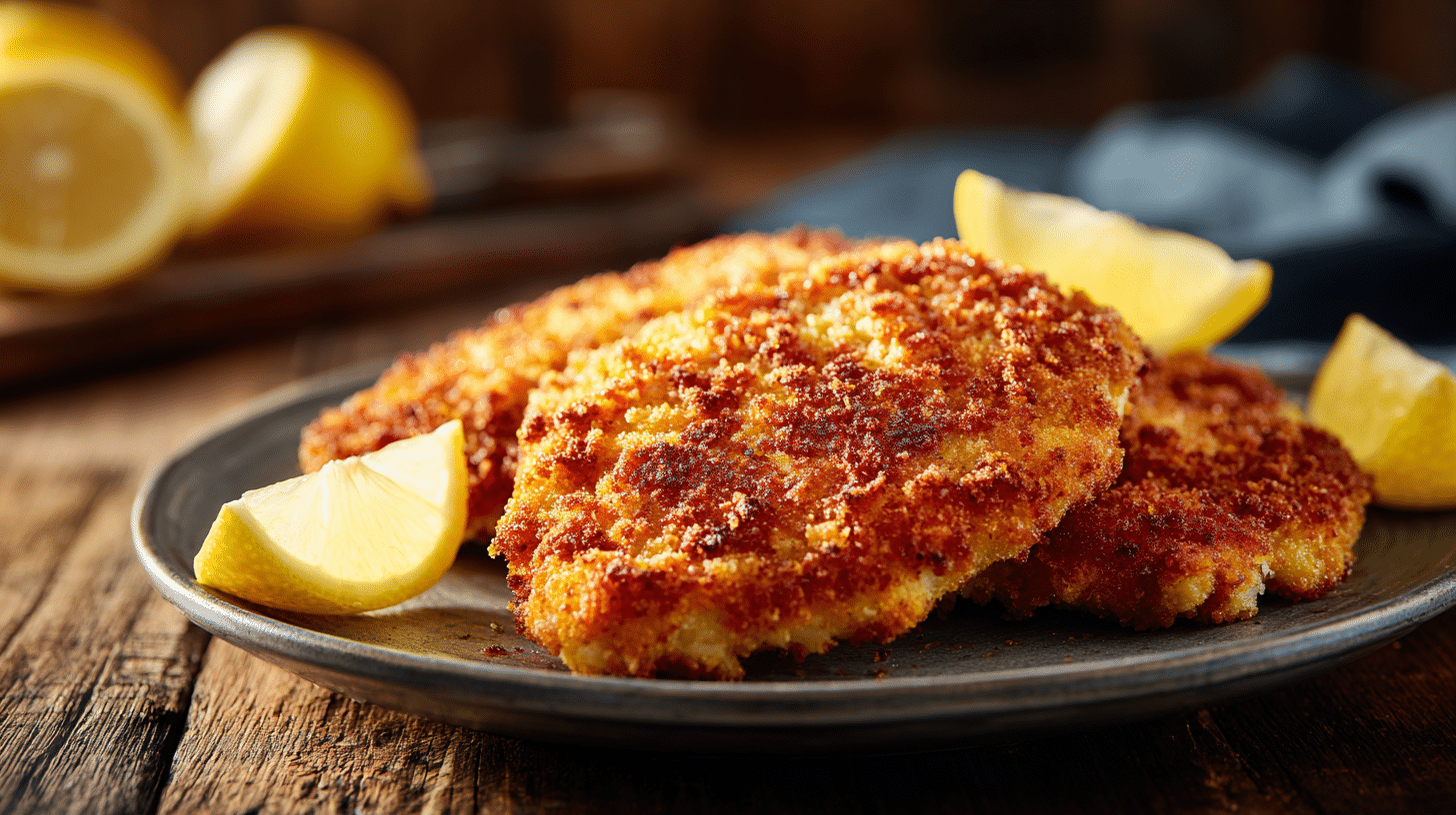 Crispy chicken schnitzel with golden crust and lemon wedges