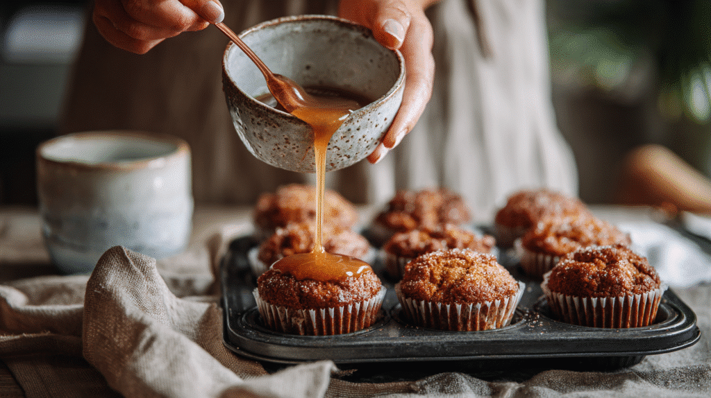 Muffin tops being dipped into maple glaze.