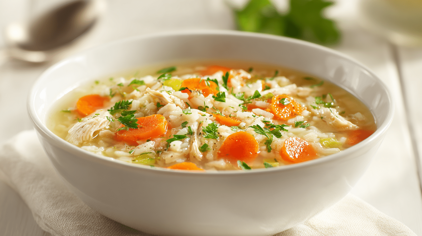 Bowl of chicken and rice soup with vegetables and herbs on a modern table.