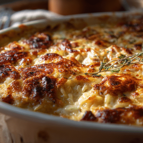 Golden, cheesy chicken orzo casserole topped with caramelized onions in a baking dish.