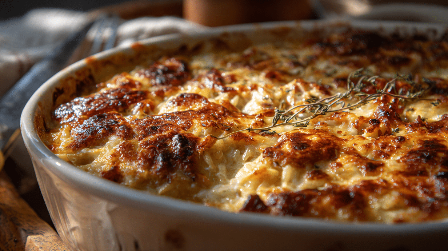 Golden, cheesy chicken orzo casserole topped with caramelized onions in a baking dish.