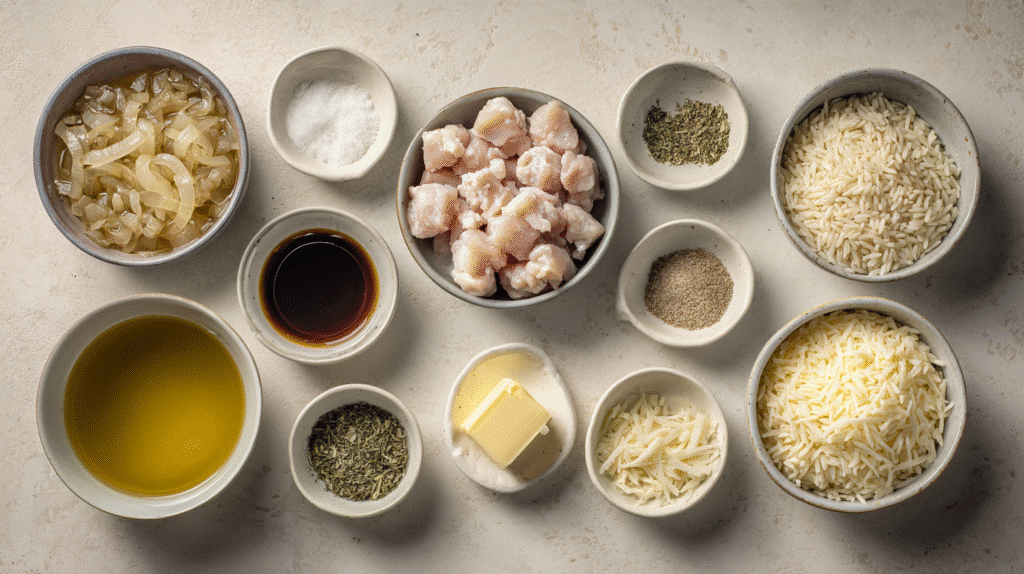 Caramelized onions, raw chicken pieces, orzo, broth, spices, and cheese arranged neatly.