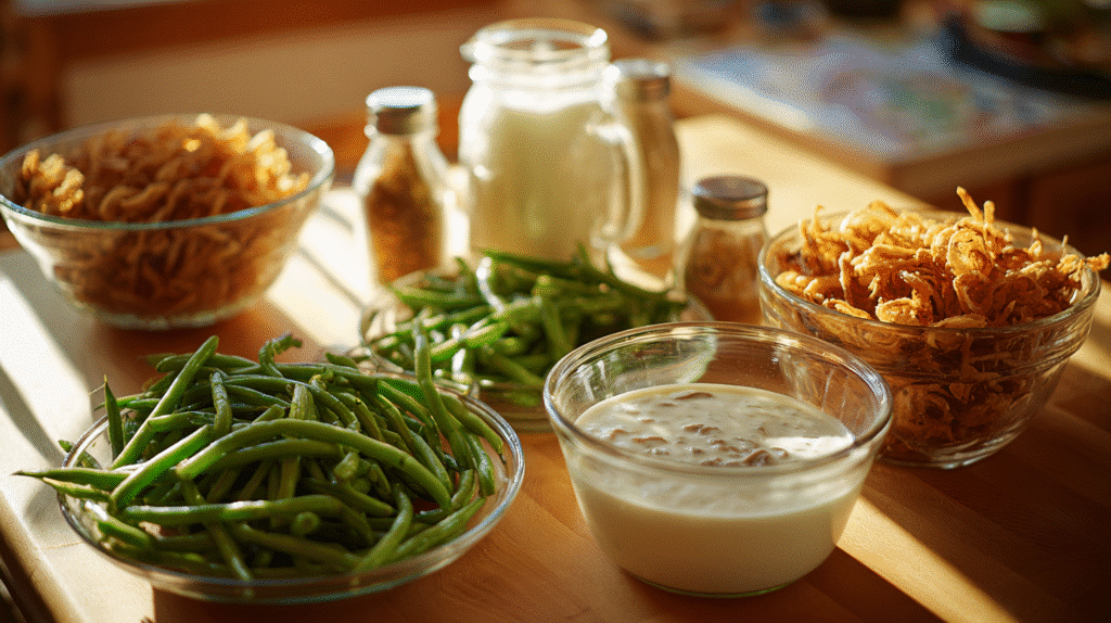 Ingredients for green bean casserole arranged on a kitchen counter