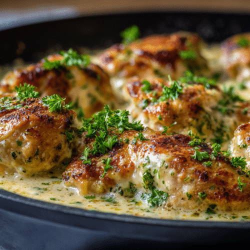 Creamy garlic parmesan chicken in a skillet topped with parsley and cheese.