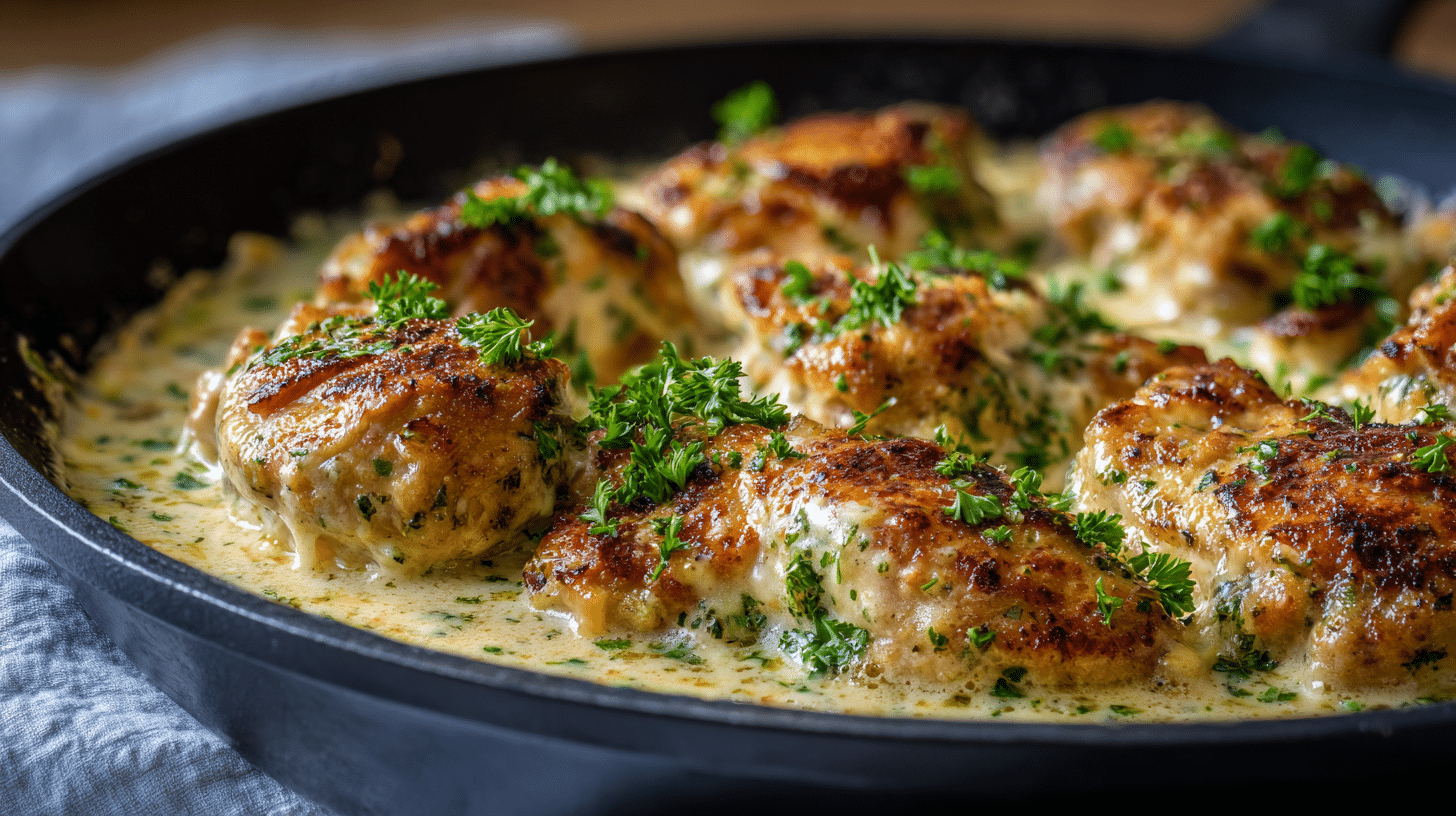 Creamy garlic parmesan chicken in a skillet topped with parsley and cheese.