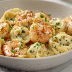 White bowl filled with creamy tortellini and shrimp in garlic sauce.