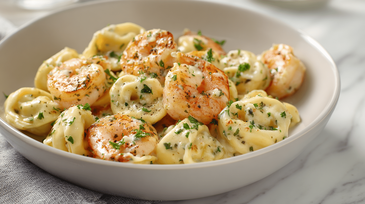 White bowl filled with creamy tortellini and shrimp in garlic sauce.