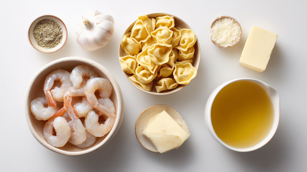 Shrimp, tortellini, garlic, Parmesan, and seasonings arranged on a white background.