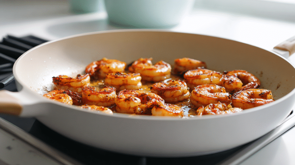 Shrimp being cooked in a white skillet with butter and garlic.