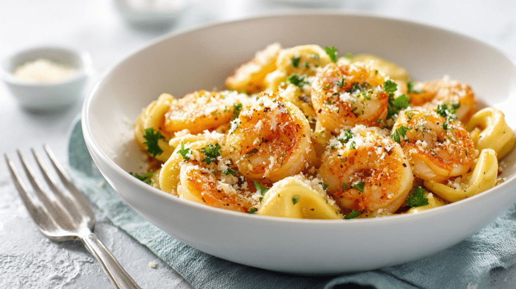 Creamy shrimp tortellini plated in a sleek white dish.