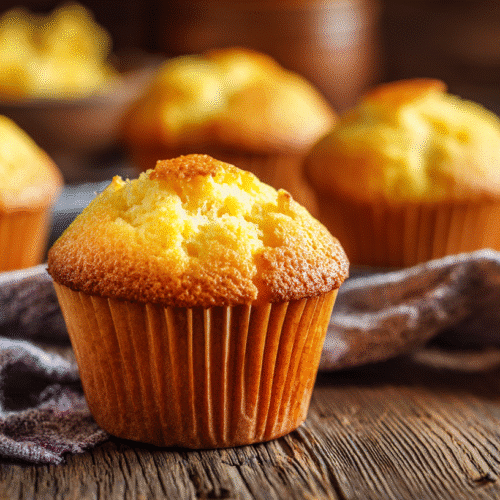 Golden cornbread muffins cooling on a wooden table