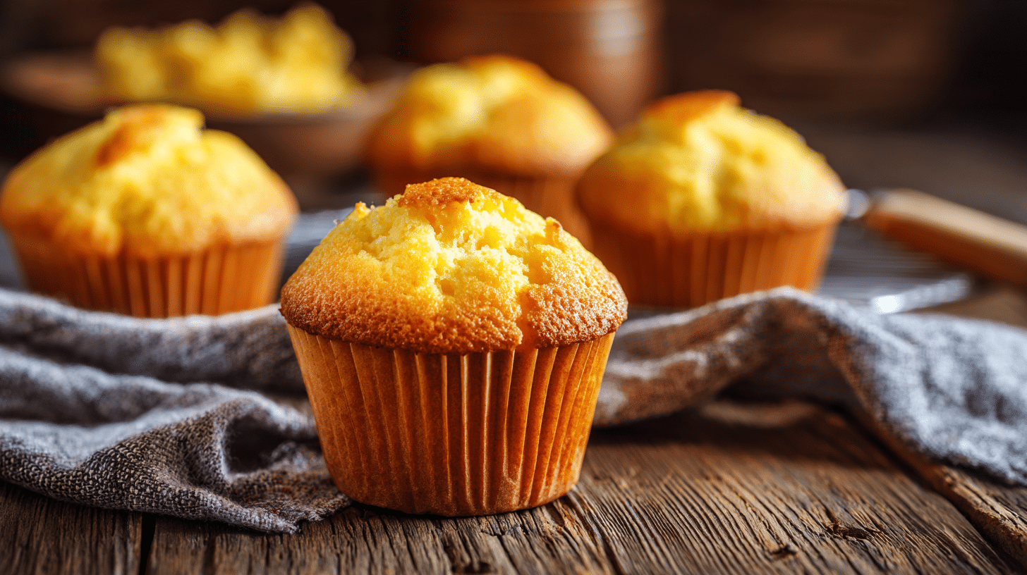 Golden cornbread muffins cooling on a wooden table