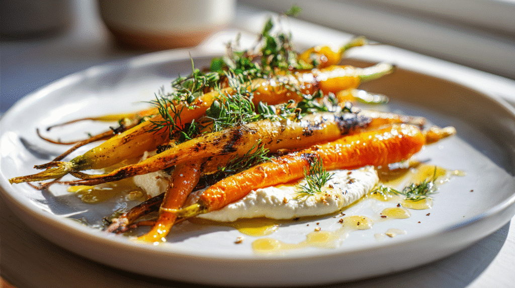 Elegant plate of roasted carrots with ricotta.