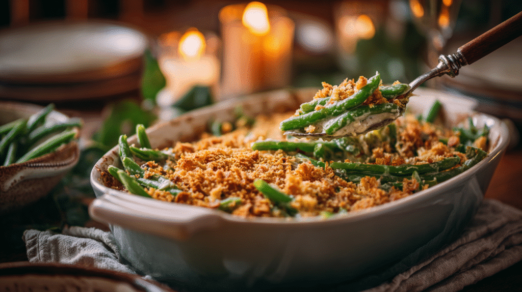 Green bean casserole served warm with crispy onion topping