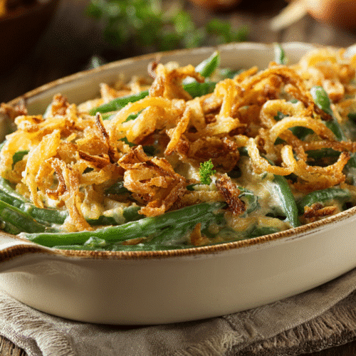 Green bean casserole baked with crispy onion topping in a ceramic dish